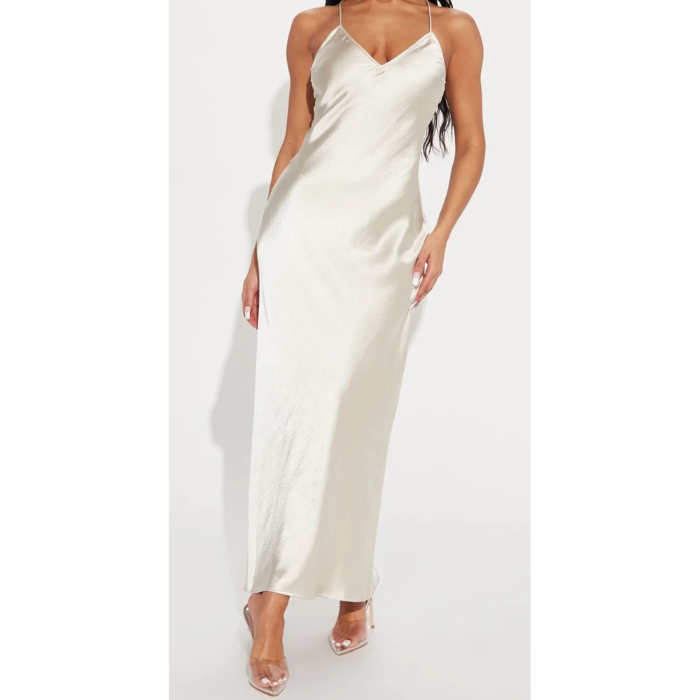 Fashion Nova Satin Maxi Slip Dress S Cream Champagne Romantic Bridal Angelcore
